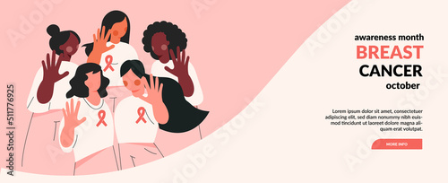 Breast Cancer awareness banner illustration. Faceless woman with pink ribbon. Pink october month female healthcare campaign solidarity web template design. Pinktober flat vector cartoon illustration photo