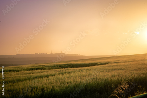 Farm field in sunset colours and cloudy skies