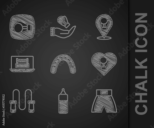 Set Mouth guard boxer, Punching bag, Boxing short, glove, Jump rope, ring, and icon. Vector