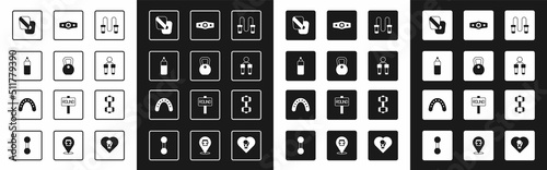 Set Jump rope, Weight, Punching bag, Boxing training paws, belt, Dumbbell and Mouth guard boxer icon. Vector