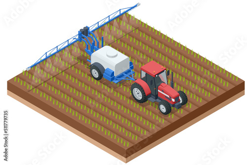 Isometric Tractor spraying pesticides on field. Insecticide herbicide chemicals in agriculture field