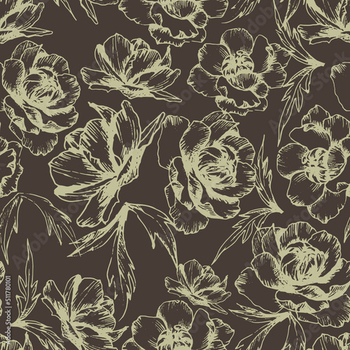 Botanical vector seamless pattern with hand-drawn globe flowers in brown color. All elements are isolated for easier editing. Texture for ceramic tile, wallpapers, wrapping gifts, textile print. 