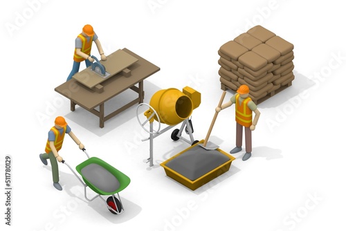 Build a house. People working at the construction site. Building materials. Cut the wood with a saw. Stack blocks.