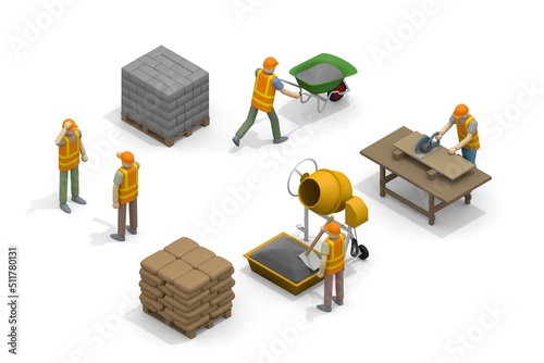 Build a house. People working at the construction site. Building materials. Cut the wood with a saw. Stack blocks.