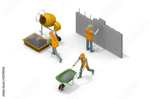 Build a house. People working at the construction site. Building materials. Cut the wood with a saw. Stack blocks.