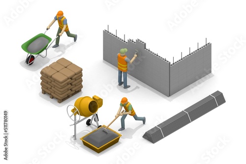 Build a house. People working at the construction site. Building materials. Cut the wood with a saw. Stack blocks.