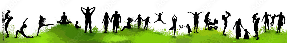 Family in nature. Silhouettes of people on the grass. Vector illustration