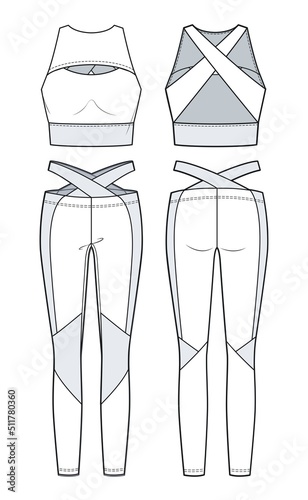 Girl's Leggings Pants, Crop Top fashion flat sketch template.  Sports Wear fashion CAD, set.