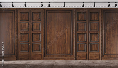 Fototapeta Naklejka Na Ścianę i Meble -  Classic empty room with walnut wood. Premium cabinet. 3d illustration