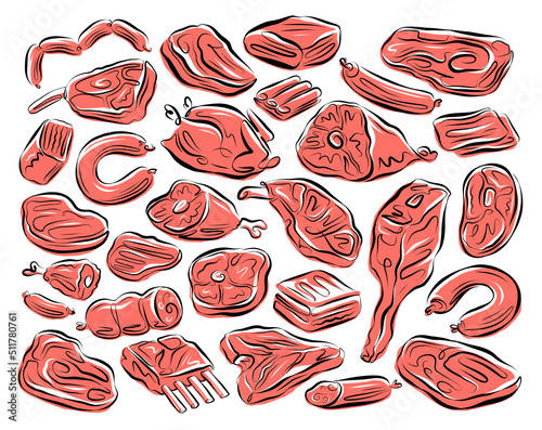Meat set contour drawing. Farm food, butcher shop concept. Vector illustration