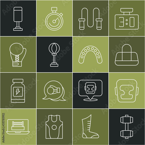 Set line Dumbbell, Boxing helmet, Sport bag, Jump rope, Punching, glove, and Mouth guard boxer icon. Vector