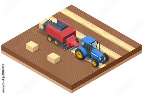 Isometric Tractors Mowing, Raking, Baling Hay. Hay stacks after harvesting grain crops. Tractor with yellow big square baler.
