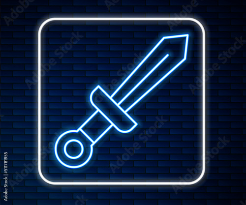 Glowing neon line Medieval sword icon isolated on brick wall background. Medieval weapon. Vector