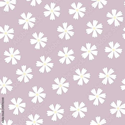 Floral seamless pattern. White flat flowers on pastel purple background. Botanicals. Summer print 