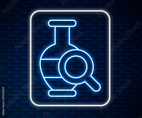 Glowing neon line Ancient amphorae icon isolated on brick wall background. Vector