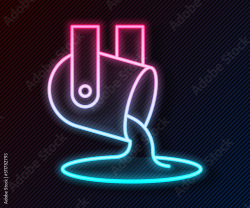 Glowing neon line Molten gold being poured icon isolated on black background. Molten metal poured from ladle. Vector