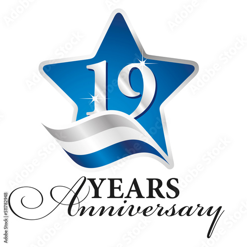 19 years anniversary isolated blue star silver white blue flag ribbon logo icon