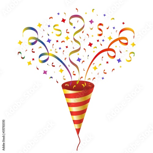 Exploding party popper with confetti . Isolated vector illustration