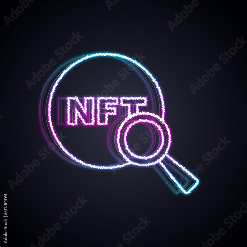 Glowing neon line Search NFT icon isolated on black background. Non fungible token. Digital crypto art concept. Vector