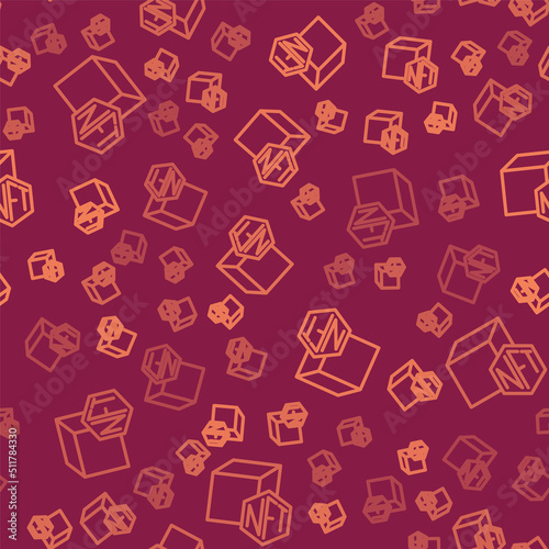 Brown line NFT Digital crypto art icon isolated seamless pattern on red background. Non fungible token. Vector