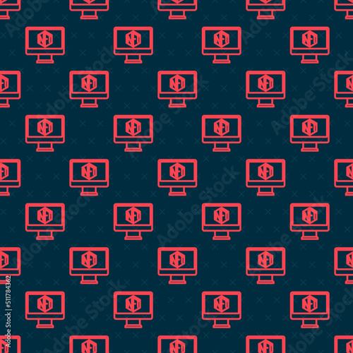 Red line Monitor with art store app icon isolated seamless pattern on black background. Technology of selling NFT tokens for cryptocurrency. Non fungible token concept. Vector