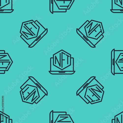 Black line Laptop with art store app icon isolated seamless pattern on green background. Technology of selling NFT tokens for cryptocurrency. Non fungible token concept. Vector
