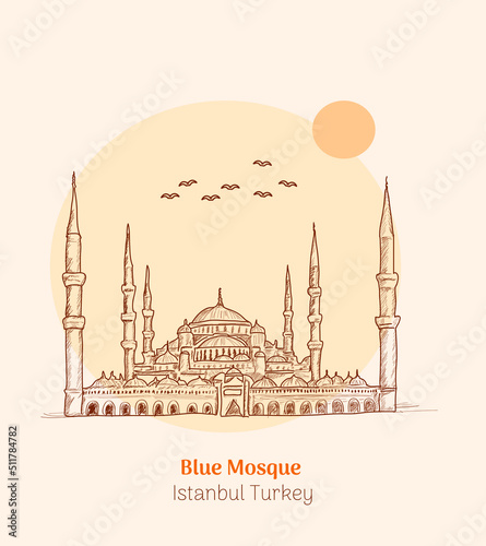 Sultanahmet camii Blue Mosque Hand drawing mosque watercolor vector sketch drawing	