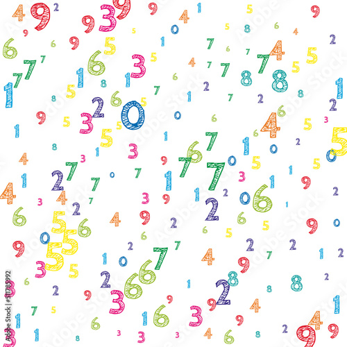 Falling colorful orderly numbers. Math study concept with flying digits. Magnificent back to school mathematics banner on white background. Falling numbers vector illustration.