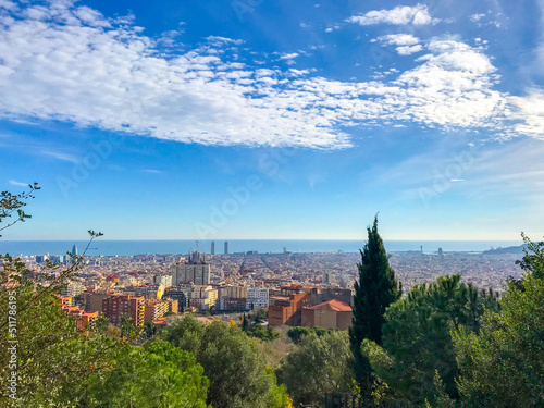 view of Park Güell. The combination of nature and architecture in the design of Park Güell in Barcelona © serhii