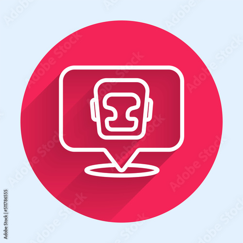 White line Boxing helmet icon isolated with long shadow background. Red circle button. Vector