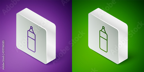 Isometric line Punching bag icon isolated on purple and green background. Silver square button. Vector