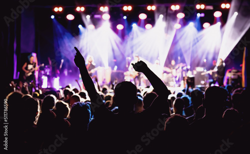 Happy crowd with raised hands at a rock concert.