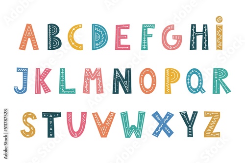 A set of colorful vector alphabets, letter fonts with hand-drawn elements in Scandinavian style for children. For printing house, poster, postcard, label, brochure, leaflet, page, banner.