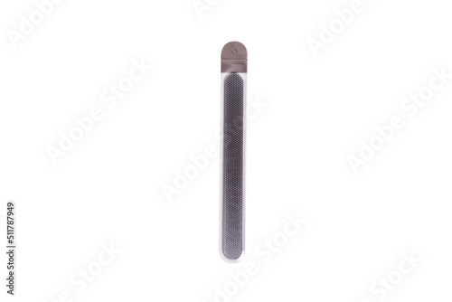 Hand toe nail rasp packaged, personal care product nail rasp with plastic handle, isolated with white background, wide