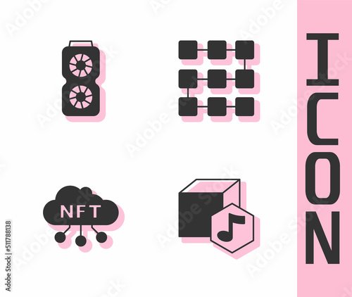 Set NFT Digital crypto art, Video graphic card, cloud and blockchain technology icon. Vector