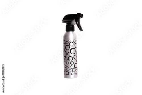 Blank barber trigger hair spray bottle. Cosmetic for hair salon concept. White Background hair spray, silver color