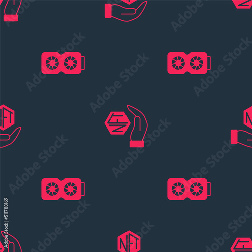 Set Video graphic card and NFT Digital crypto art on seamless pattern. Vector