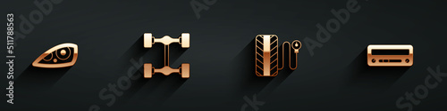Set Car headlight, Chassis car, Tire pressure gauge and audio icon with long shadow. Vector