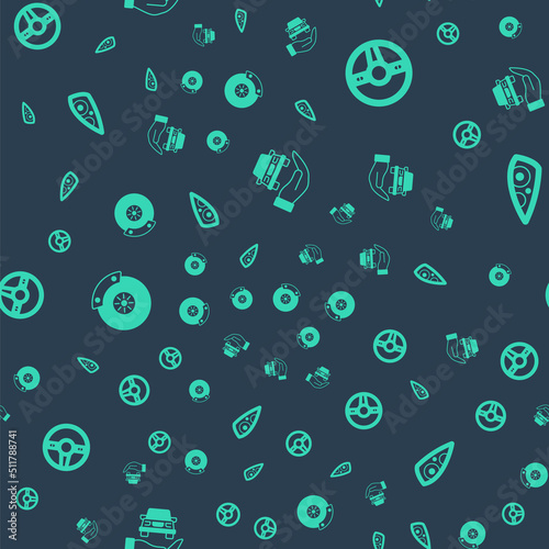 Set Auto service check automotive, Steering wheel, Car brake disk with caliper and headlight on seamless pattern. Vector