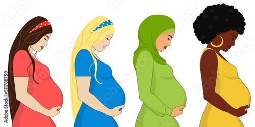 Set of different pregnant women, dress, hijab. African american, arab woman, caucasian. Young beautiful multi-ethnic mothers of different nationalities. Diversity, multiethnic society.