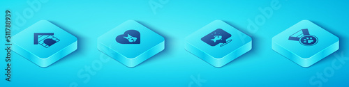 Set Isometric Dog house, Heart with dog, Pet award symbol and Fish icon. Vector
