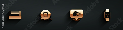 Set Boxing ring, helmet, glove and Smart watch with heart icon with long shadow. Vector