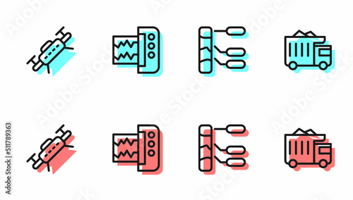 Set line Soil analysis, Drone, Seismograph and Mining dump truck icon. Vector