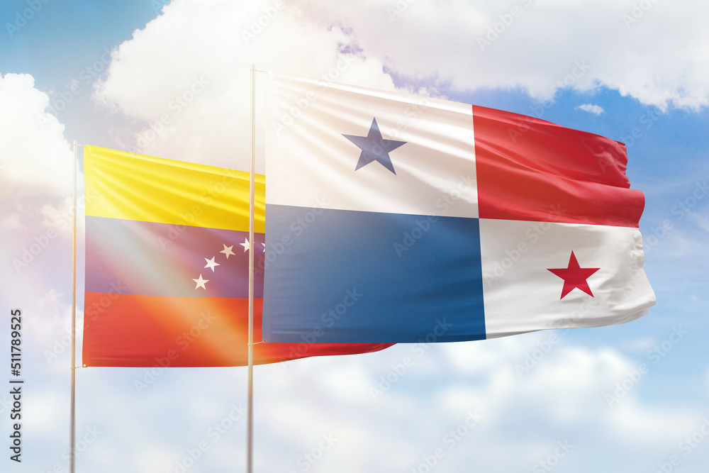 Sunny blue sky and flags of panama and venezuela Sunny blue sky and flags of panama and venezuela