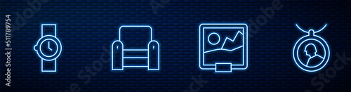 Set line Picture, Wrist watch, Armchair and Locket on necklace. Glowing neon icon on brick wall. Vector