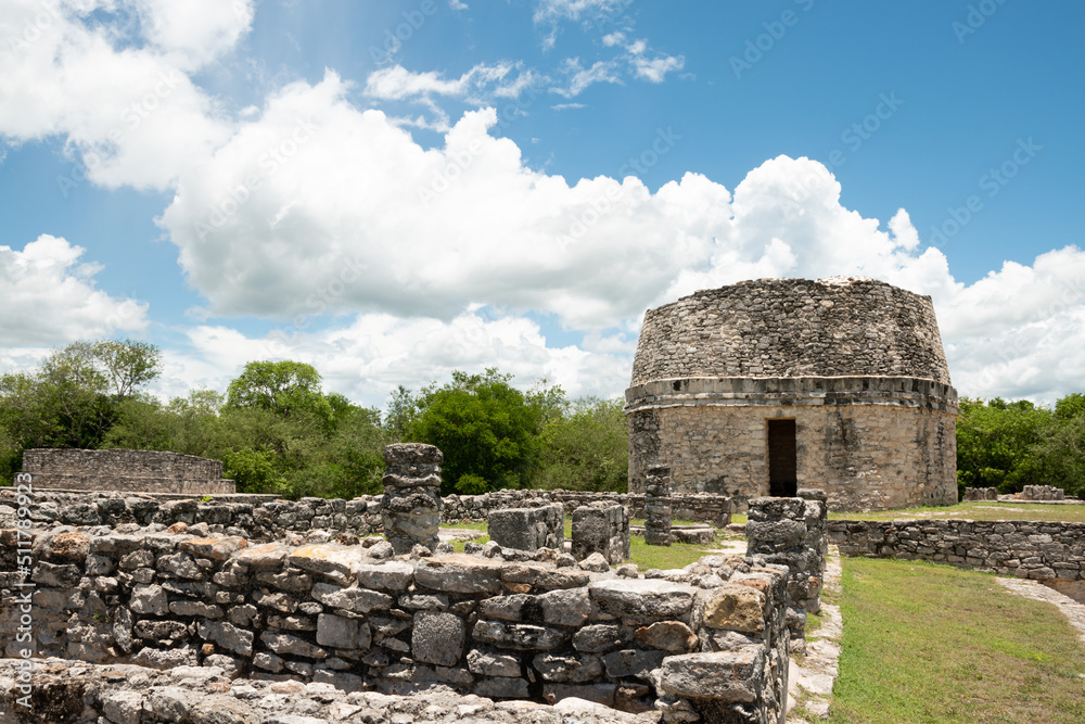 Mayapan, Yucatan, Mexico: El Templo Redondo -- The Round Temple -- among the ancient Mayan ruins in Mayapan.