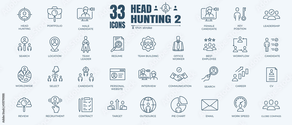 Headhunting And Recruiting minimal thin editable stroke icon set. Included the line icons as Recruitment, Career Goals, Resume or CV and more. Outline icons collection. Simple vector illustration. - obrazy, fototapety, plakaty 