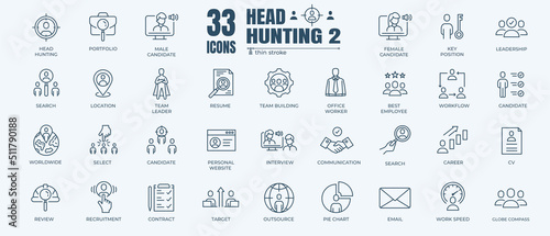 Headhunting And Recruiting minimal thin editable stroke icon set. Included the line icons as Recruitment, Career Goals, Resume or CV and more. Outline icons collection. Simple vector illustration.