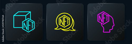 Set line NFT Digital crypto art, and . Black square button. Vector