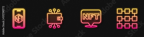 Set line NFT Digital crypto art, Mobile with store app, Cryptocurrency wallet and blockchain technology. Glowing neon icon. Vector